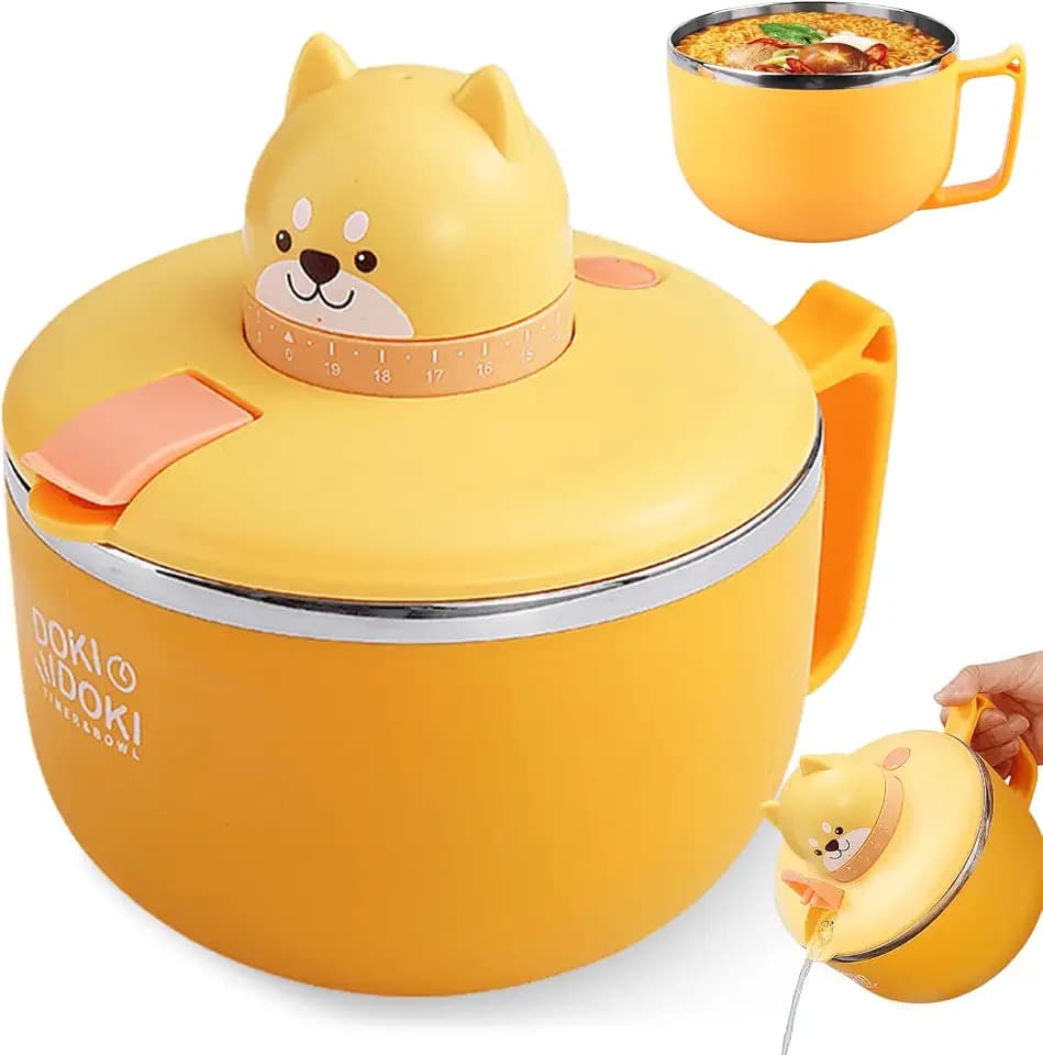 GOMETY Ramen Schüssel mit Deckel, 1200ML Große Kapazität Instant Nudeln Schüssel mit Timer aus 304 Edelstahl Pasta Schüsseln Instant Nudelschale für Nudeln Bento Suppe Mittagessen (Welpe)