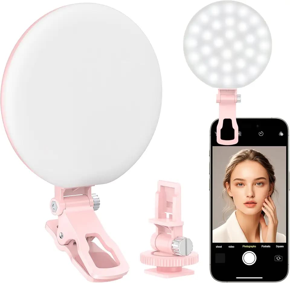 Anautin 60 LED Ring Light, Rechargeable Selfie With Front & Back Clip, 2500-6500K Portable Phone, Adjustable 3 Modes for iPhone, iPad, Tablet, Laptop, CRI97+, 90 Grams (Pink)