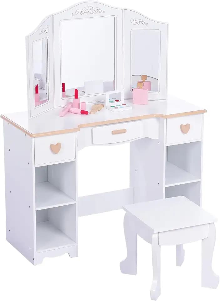 GarveeHome 2 in 1 Schminktisch Kinder Set, Kinderschminktisch mit Spiegel, Schminktisch für Mädchen, Kinderschminktisch mit Hocker, Schubladen, Offenen Fächern, Prinzessin Frisiertisch Holz, Weiß