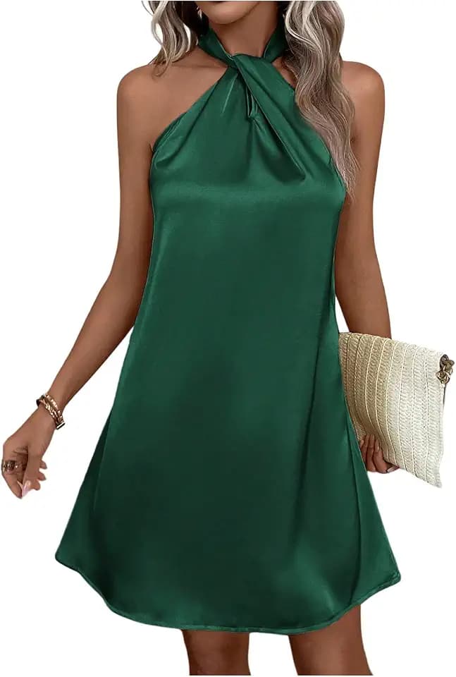 Floerns Women's Pearl Beaded Halter Twist Sleeveless Tie Back Dress