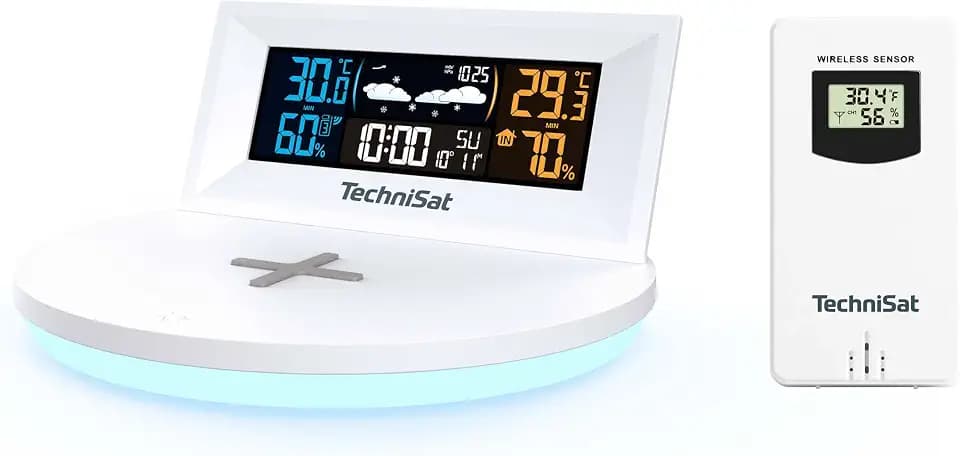 TechniSat IMETEO Q1- Wetterstation mit Außensensor (Messung von Temperatur, Luftfeuchtigkeit, Druck, Wireless Charging, LED Stimmungslicht, Alarm und Snooze-Funktion, USB oder Batteriebetrieb) weiß