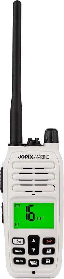 Jopix 616P Marine UKW Seefunkgerät IP67 Schwimmfähig Weiß 5W | Schwimmfähig mit Wasser-Blitzlicht, IP67 wasserdicht, 5W Sendeleistung, 1,8" 7-Farb-Display, NRC-Filter & Dual Watch.
