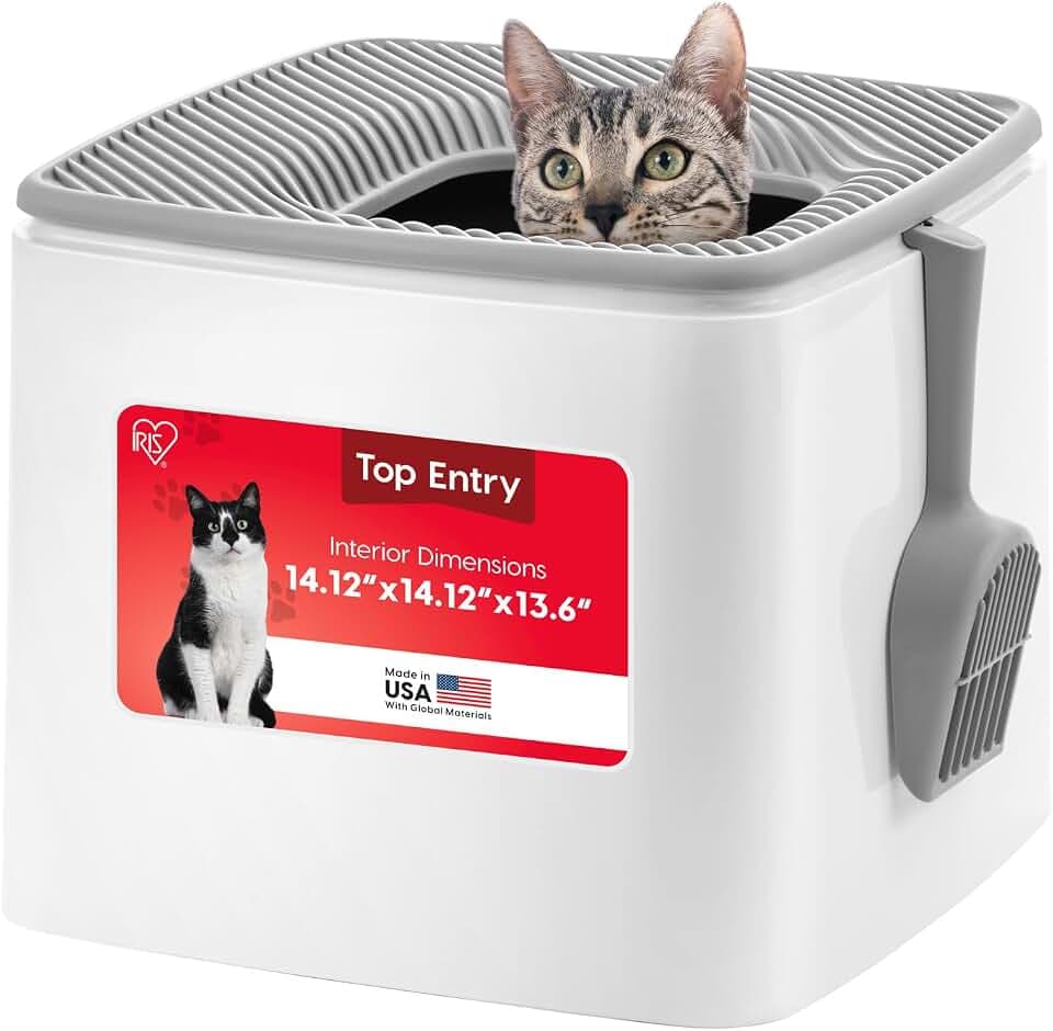IRIS USA Large Top Entry Cat Litter Box, Hooded Privacy, White/Gray