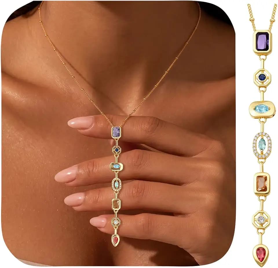 7 Chakra Necklace for Women, 14K Gold Plated Pendant Lariat Y Necklace for Women Hypoallergenic Non Tarnish Gold Trend Jewelry Colorful Long Necklaces Gifts