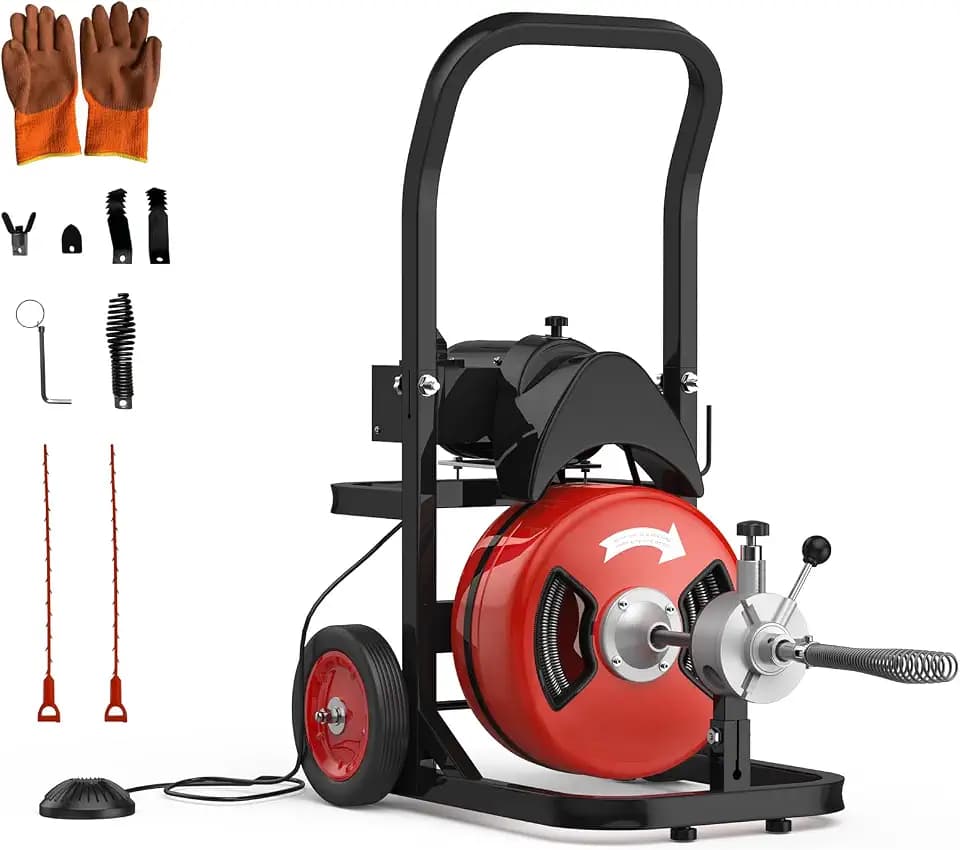 Garvee 100Ft 1/2 Inch Cable Drain Cleaner Machine, 450W Auto Feed Portable Electric Sewer Snake, Electric Drain Auger with 6 Cutter Air-Activated Foot Switch for 2" to 4" Pipes