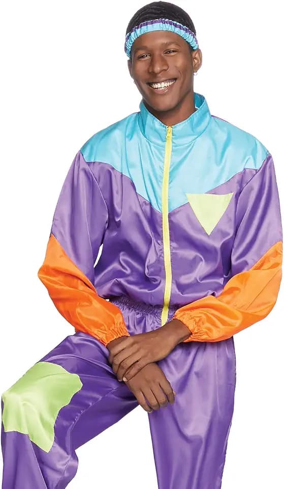 Leg Avenue Men's 2 Pc Awesome 80s Track Suit with Zip-Up Jumpsuit and Headband