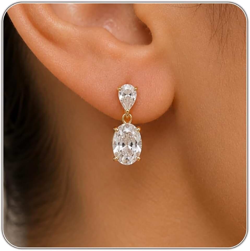 Gold Silver Dangle Earrings for Women, Dainty 14K Gold Plated Cubic Zirconia Drop Jewelry, Teardrop Bow Oval, Wedding Bridal Prom Gift