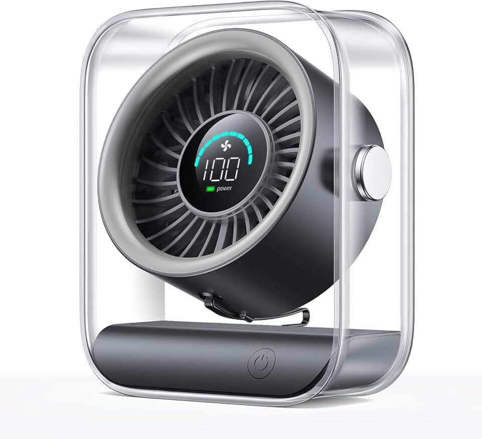 KIMMOO USB-Tischventilator Wiederaufladbar, Leiser Tischventilator mit Turbo-Luftstrom, 100 Geschwindigkeiten, Digitaldisplay, 90° Schwenkbar, Kleiner Ventilator für Schlafzimmer Büro Reise, Schwarz