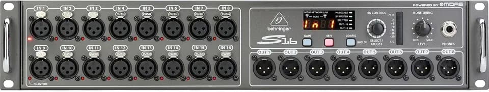 Behringer S16 I/O-Box mit 16 fernsteuerbaren Midas-Vorverstärkern, 8 Ausgängen und AES50-Netzwerk mit Klark Teknik SuperMAC-Technologie