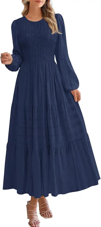 PRETTYGARDEN Womens Long Sleeve Fall Dresses Casual Crew Neck Smocked High Waist Tiered Flowy Maxi Dress with Pockets