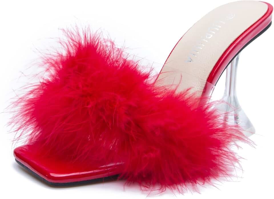 LIURUIJIA Women's Feather High Heeled Mules Slip On Sandals Square Toe Bridal Wedding Party Shoes Fuzzy Fluffy Sexy Clear Heels
