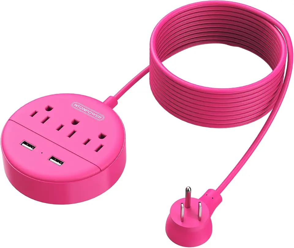 15 ft Extension Cord Power Strip with USB, NTONPOWER Mountable Power Strip Flat Plug with 3 Outlet 2 USB, ETL Listed, Desktop Charging Station, Compact Size for Home Office Dorm Room Nightstand, Pink