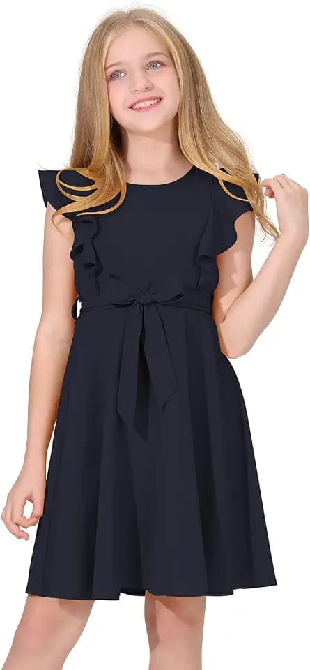 Quedoris Girls Ruffle Trim Dress Print and Solid Color A-line Swing Flared Belted Casual Party Dress with Zipper