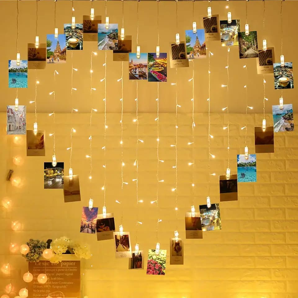 124 Lights Heart Shape Picture Clip String Lights,32 clip lights and 92 LED lights, Sweet Ambience Decoration for Bedroom Livingroom Birthday/Wedding Photoes Show,Balloon Decoration,Warm White