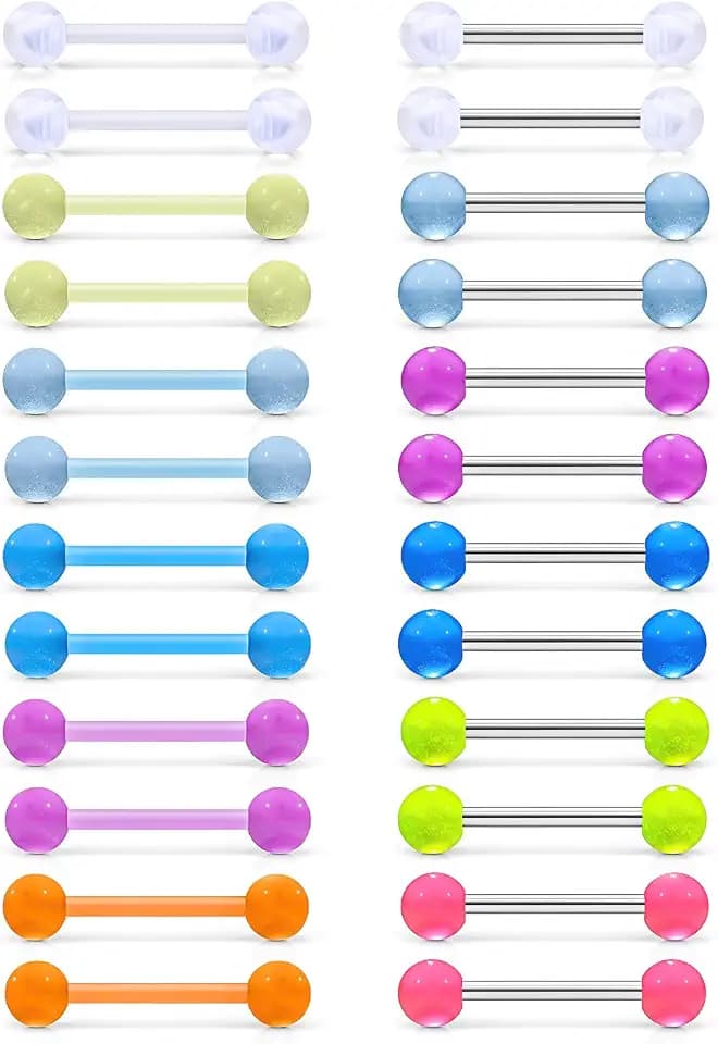 Flexible Bioplastic Glow in The Dark 14G 14/16mm Bars Nipple Bridge Tongue Rings Piercing Barbell Jewelry Hypoallergenic for Women Set