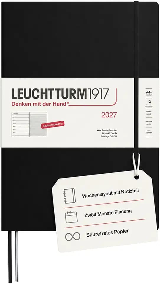 LEUCHTTURM1917 Wochenkalender 2027 A4+ (Master) mit Notizbuch - Terminplaner Deutsch, Schwarz, Januar-Dezember 2027, Wochenübersicht links + Notizseite rechts