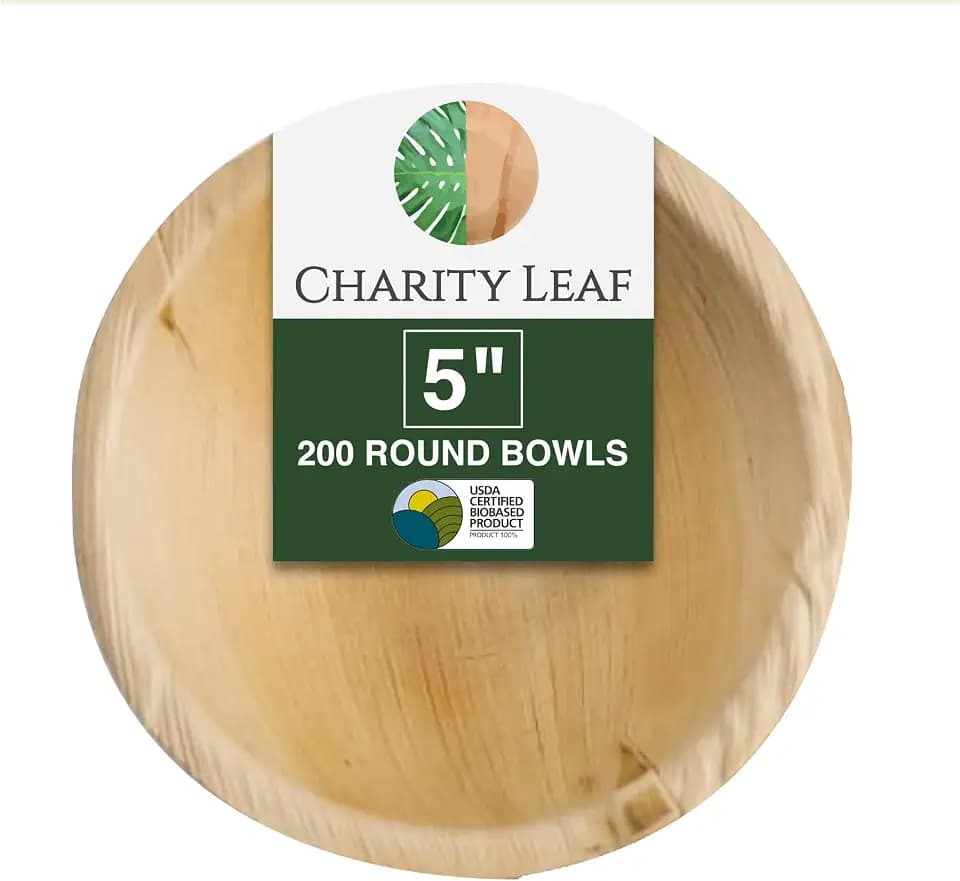 Charity Leaf Disposable Bamboo 5" Round Bowl (200 pcs) Dipping Bowls | Bamboo | All Natural and Biodegradable | Charcuterie Boards, BBQs, and Parties