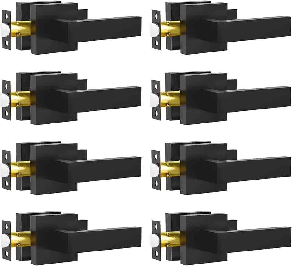 RAZCC Passage Door Lever, 8 Pack Matte Black Interior Door Handles for Hallway and Closet, Heavy Duty Square Interior Keyless Door Handles Non-Locking Door Knobs for Right & Left Side Door