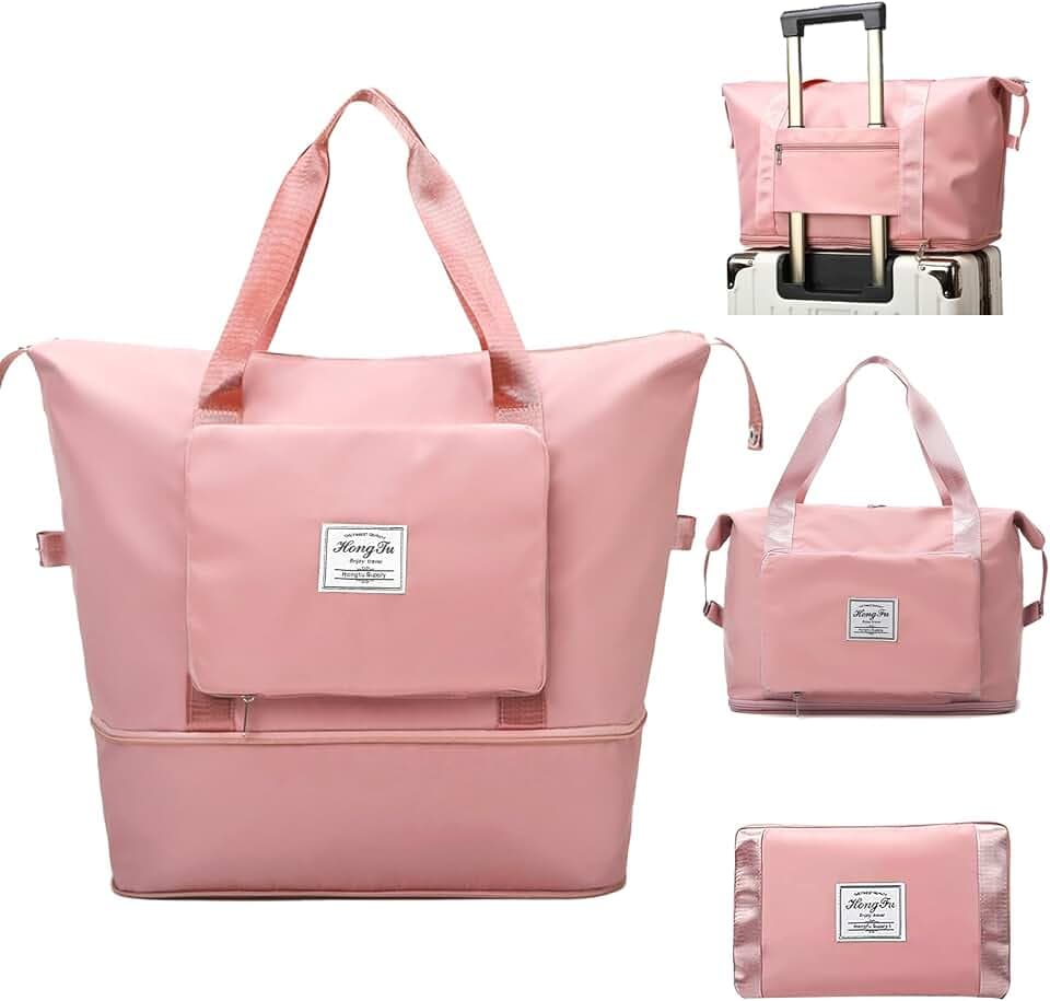 Travel Bag for Women Expandable Weekender Overnight Bag Carry on Sports Tote Gym Bag Waterproof Foldable Duffel Bag (Pink)