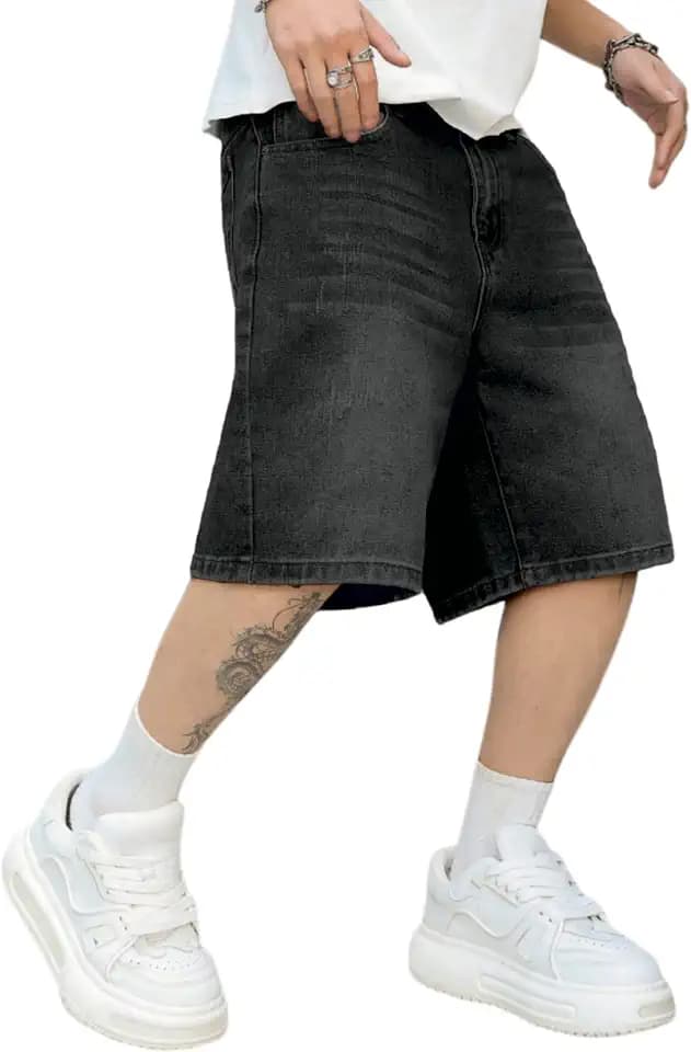 Mens Baggy Jean Shorts Loose Fit Vintage Wide Leg Jorts Y2K Streetwear Hip Hop Casual Long Denim Shorts
