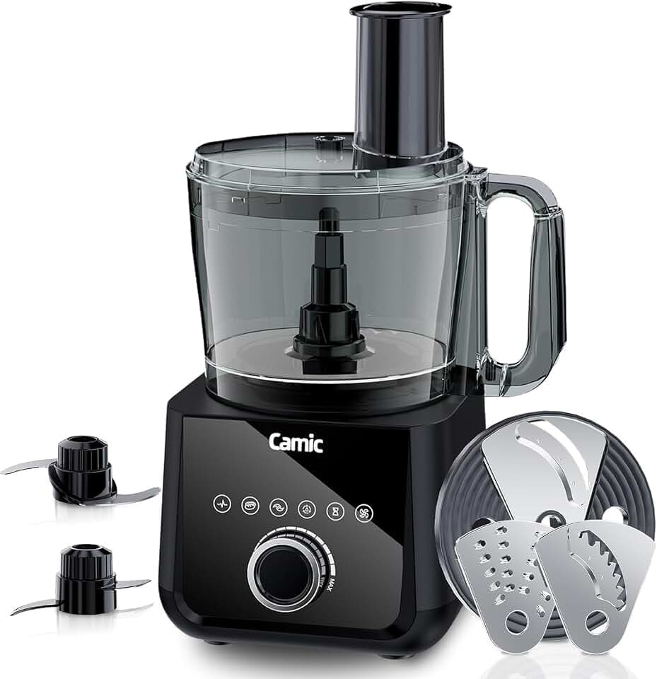 Camic Food Processor, 600W, Shredding and Slicing, French Fries Cutter, Kneading, Meat and Vegetable Chopping, Ice Crushing, 6 Presets, Easy to Operate and Clean for Home Use (Standard Version)