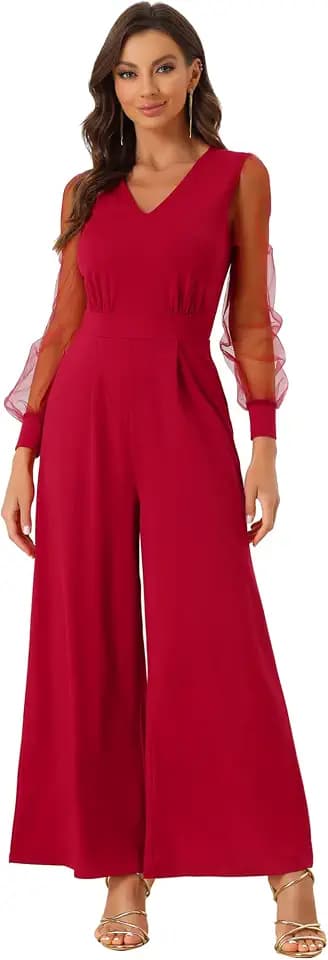 Allegra K Women Elegant Mesh V Neck Long Sleeve Loose Wide Leg Jumpsuits