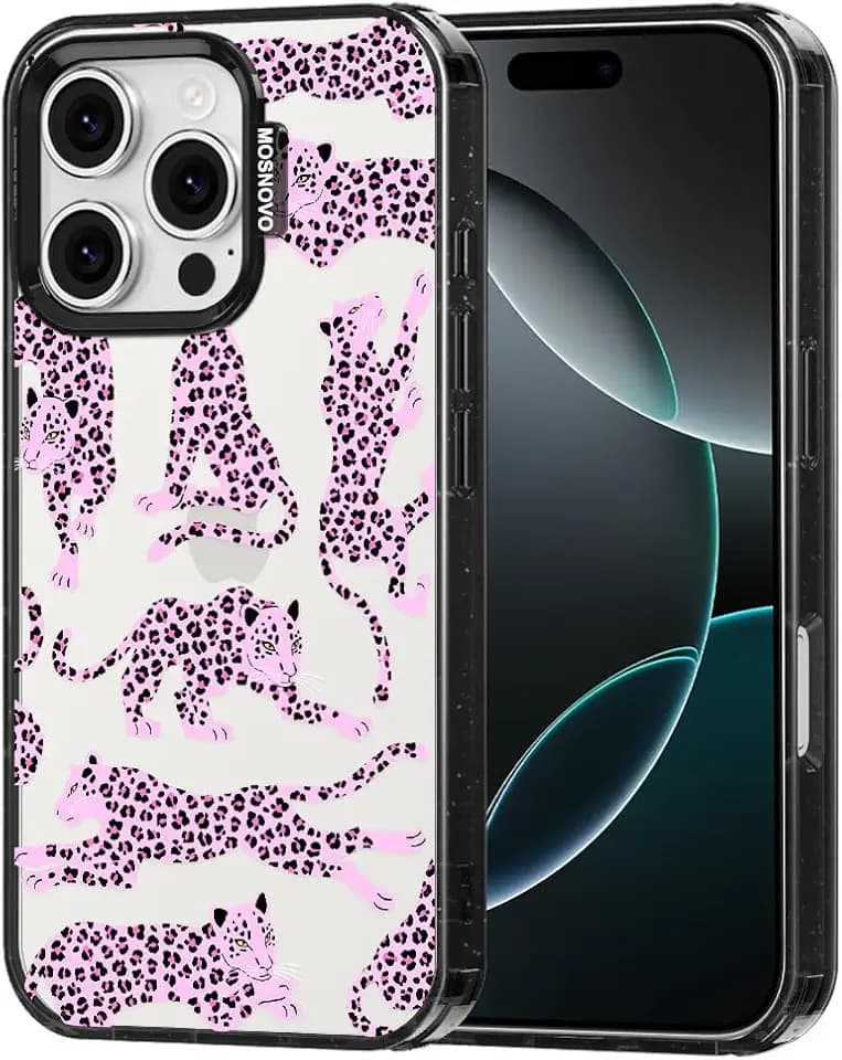 MOSNOVO for iPhone 16 Pro Case, Pink Leopard, Black
