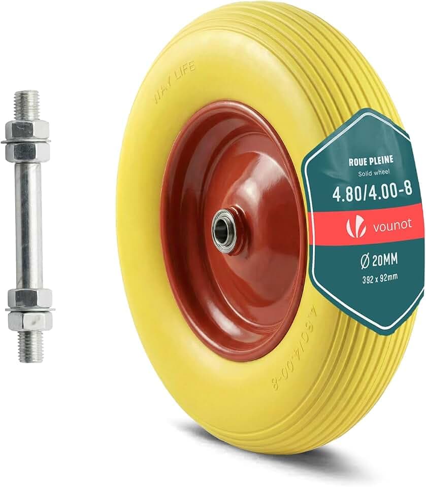 VOUNOT® Schubkarrenrad PU Vollgummireifen 4.80/4.00-8, Pannensichere Ersatzrad 392x92 mm, Kugellager, Innenloch Ø20 mm inklusive Achse, für Schubkarre, Sackkarre und Bollerwagen, Gelb