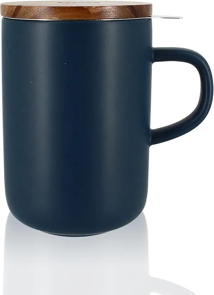 OGO LIVING Juliet 7912015 Teetasse 475 ml - ideal für Tee und Kräutertee - Teetasse aus Steinzeug und Deckel aus Akazienholz - blau
