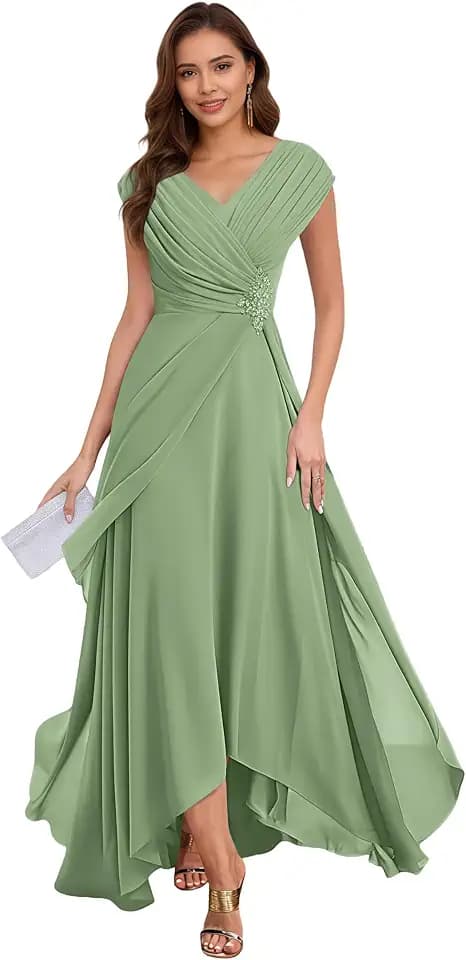 Chiffon Mother of The Bride Dresses A Line Cap Sleeves Evening Gown V Neck Formal Dress for Wedding HS095-1