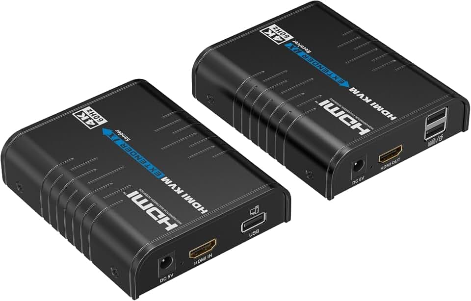 PremiumCord 4K HDMI KVM Extender mit USB 2.0 bis zu 120 m über LAN, über IP, CAT5/5e/6, UHD 4K 2160p 60Hz, Full HD 1080p, 4:4:4, HDMI 2.0, HDCP 2.2, Robustes Aluminiumgehäuse