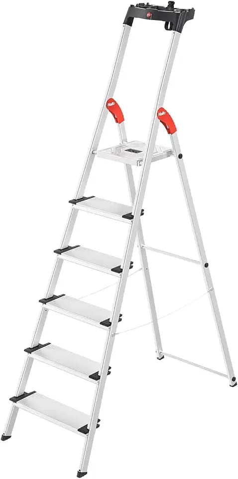 Hailo L80 ComfortLine Alu-Sicherheits-Stehleiter - 6 XXL-Stufen belastbar bis 150 kg - Tiefe Standfläche - Stehleiter mit Ablage - klappbare Aluleiter Made in Germany - Leiter rostfrei - Silber