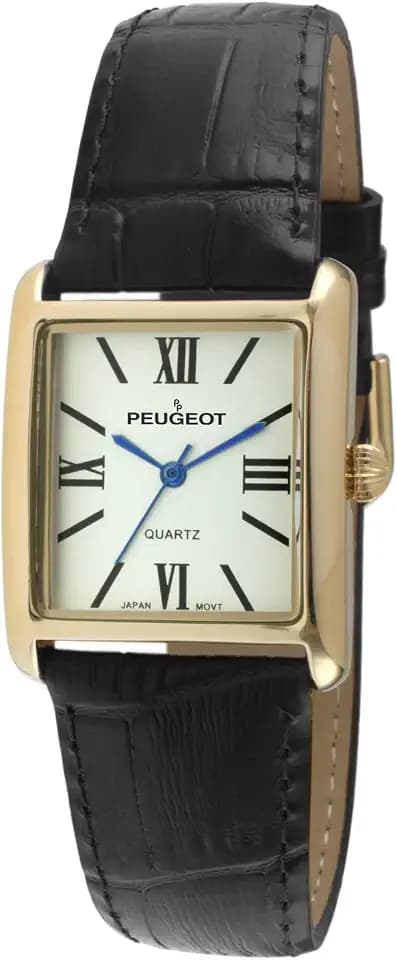 Peugeot Women's 14K Gold Plated Tank/Silver-Tone Tank Leather Dress Watch with Roman Numerals Dial