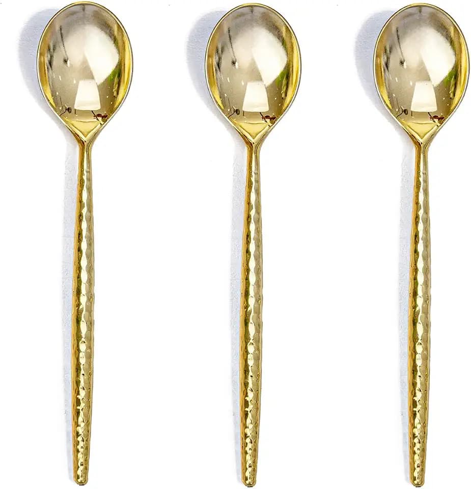 U-QE 60 PCS Gold Plastic Spoons, 7.7Inch Hammered Heavy Duty Plastic Spoons