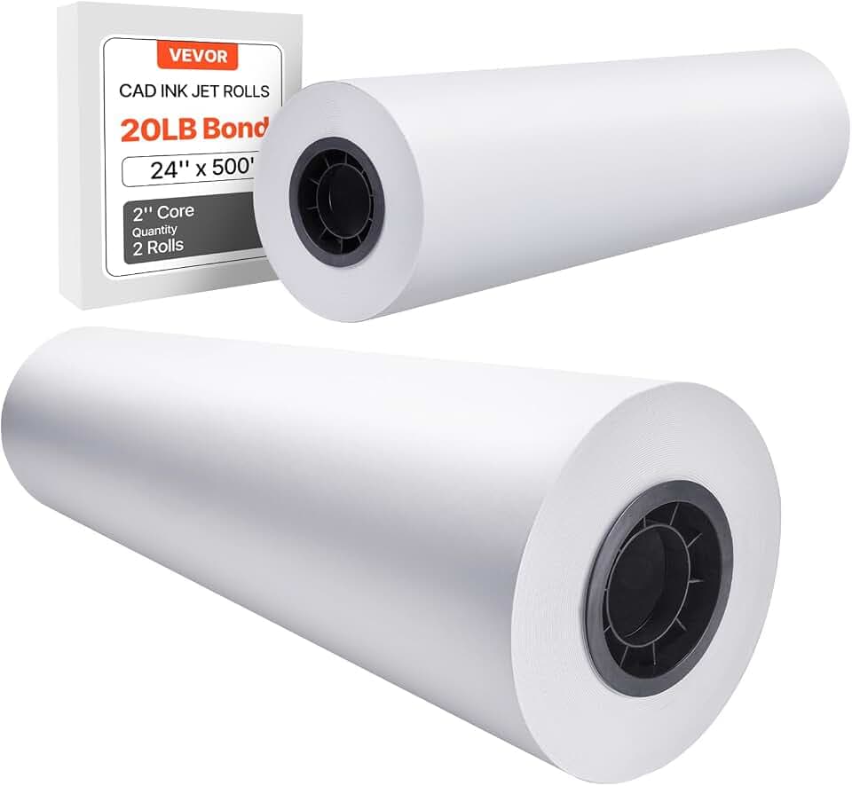VEVOR Großformatpapier Plotterpapier 152,4 m x 61 cm 2 Rollen CAD-Bond-Rollen mit 76,2 mm Kern, Zeichenrollen für CAD-Zeichnungen, technische Pläne, GIS-Karten und Architekturentwürfe Weiß