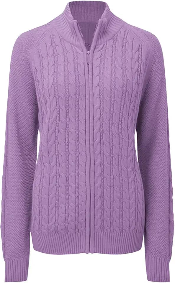 Hongqizo Women's Zipper Cable Knit Sweater Cardigan Long Sleeve Open Front Warm Knit Cardigan Casual Cardigan Knitwear