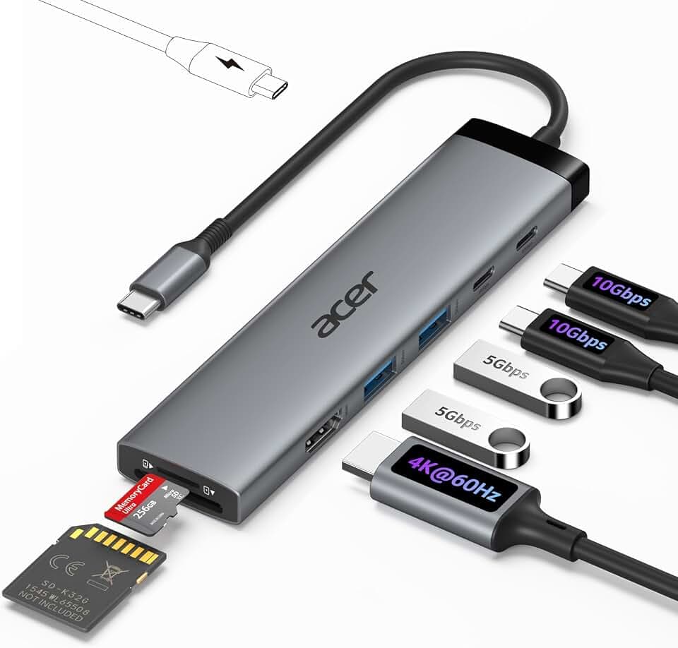 Acer 8 in 1 USB C Hub 10Gbps, USBC to HDMI Adapter 4K@60Hz for Laptop/Mac