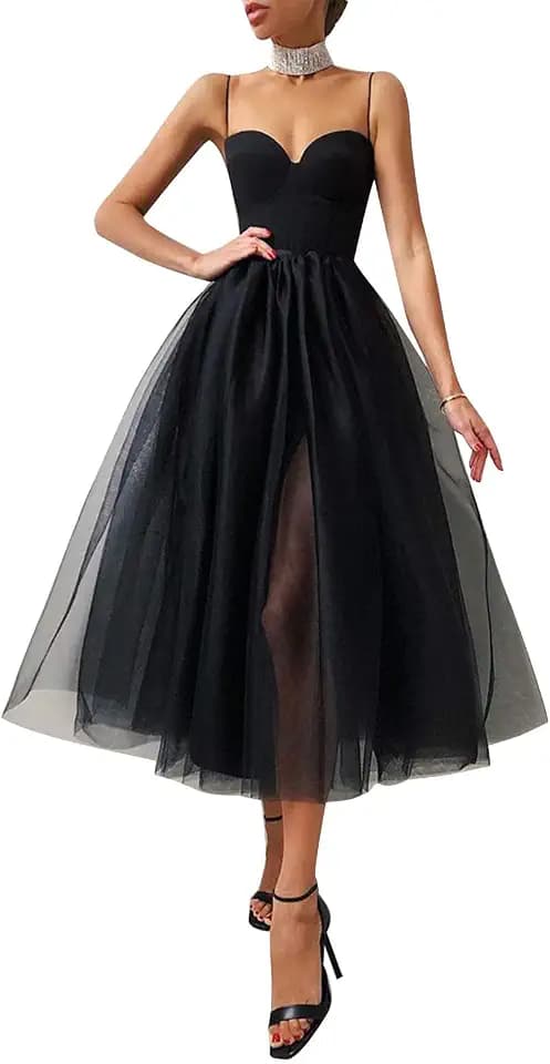 Votuleazi Damen-Kleid aus Tüll mit Schultern, Cocktail-Kleid, aus Netzstoff, Midi-Tutu-Kleid, Abendkleid