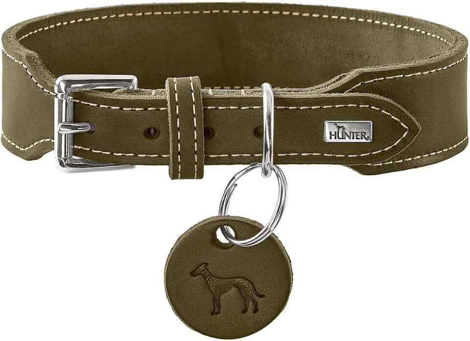 HUNTER Aalborg Extrabreit Hundehalsband | weiches Rindsoftleder, extra breit, mit eleganter Kontrastnaht, Made in Germany, Farbe: Oliv, Größe: 55
