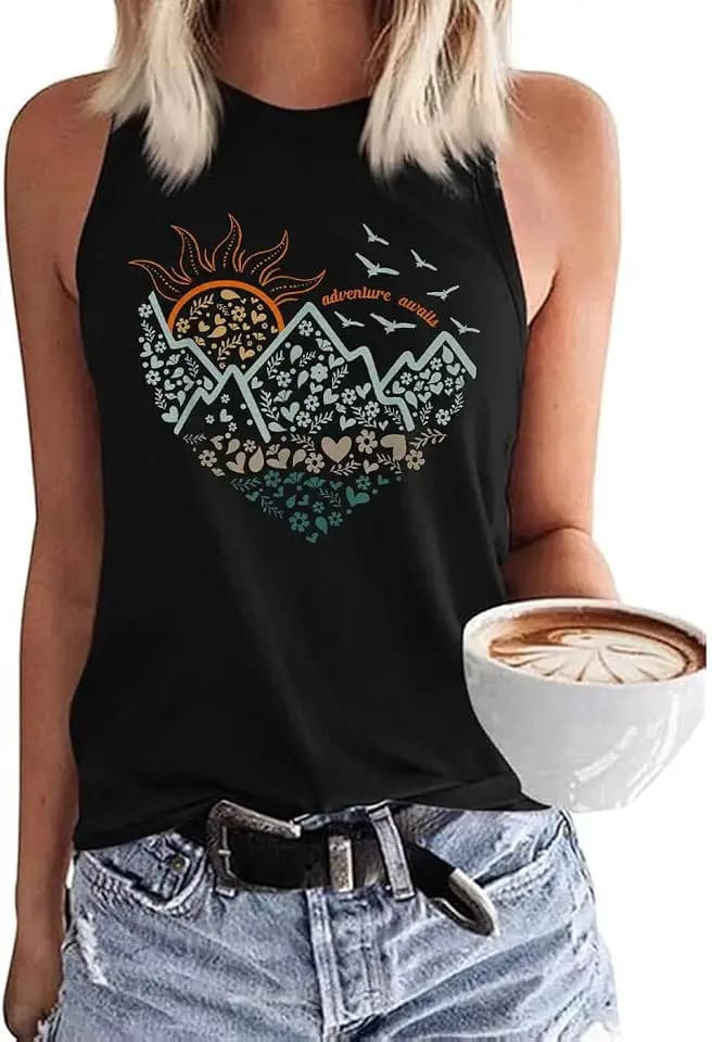 Beopjesk Women's Gradient Coconut Tree Tank Tops Summer Sleeveless V-Neck Button Down Henley Shirt