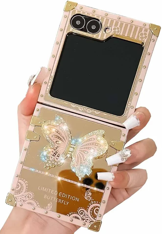 Cute Compatible with Samsung Galaxy Z Flip 6 Case with Luxury Bling Glitter Butterfly Foldable Stand Kickstand,Girly Soft PC Mirror Designer Bumper Protective Cover for Women & Girls(Pink)