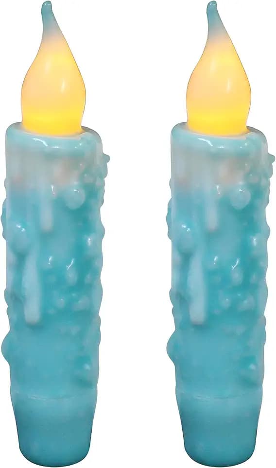 CVHOMEDECO. Echtwachs, handgetaucht, batteriebetrieben, LED-Timer, Kegelkerzen, rustikal, primitiv, flammenlose Lichter, Dekoration, 11,4 cm, Blaugrün, 2 Stück in einer Packung