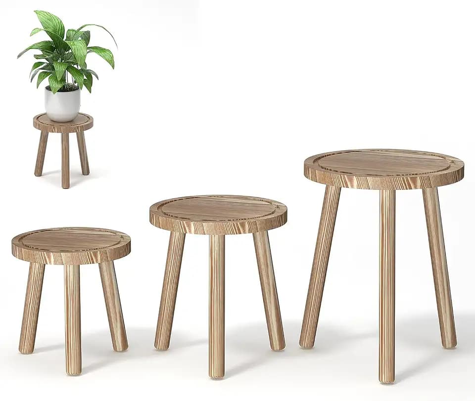 FUSHITON 3 Runde Pflanzenhocker für Innen, Set in hellbraun, Blumentisch & Eck-Ständer als hohes Einzelregal für Schlafzimmer, Büro