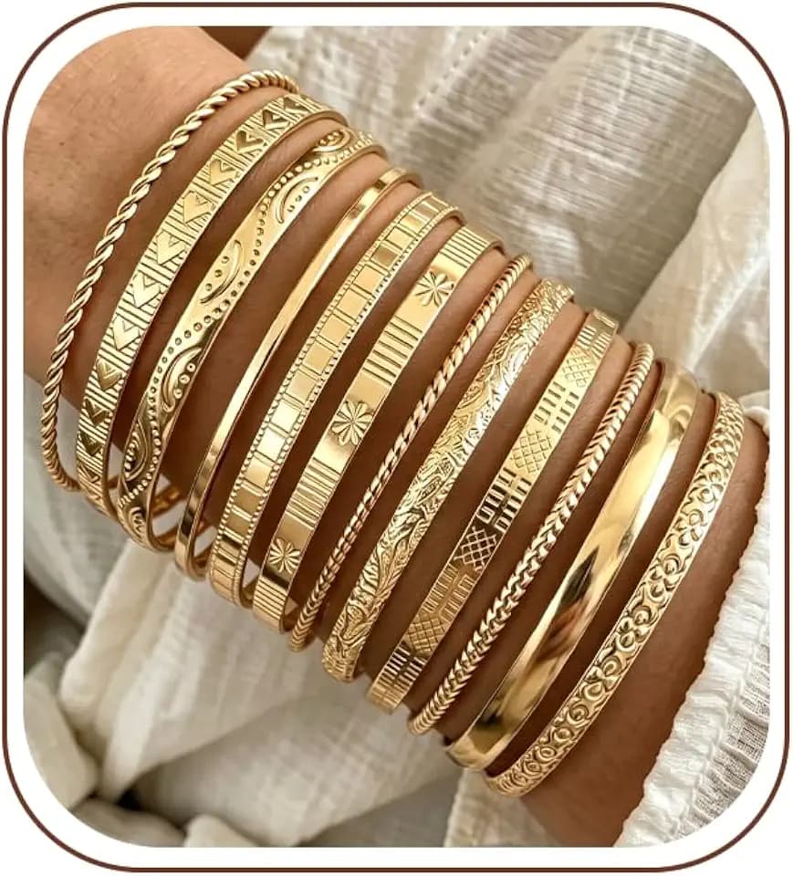12Pcs Gold Bangle Bracelets for Women 14K Plated Adjustable Indian Boho Set