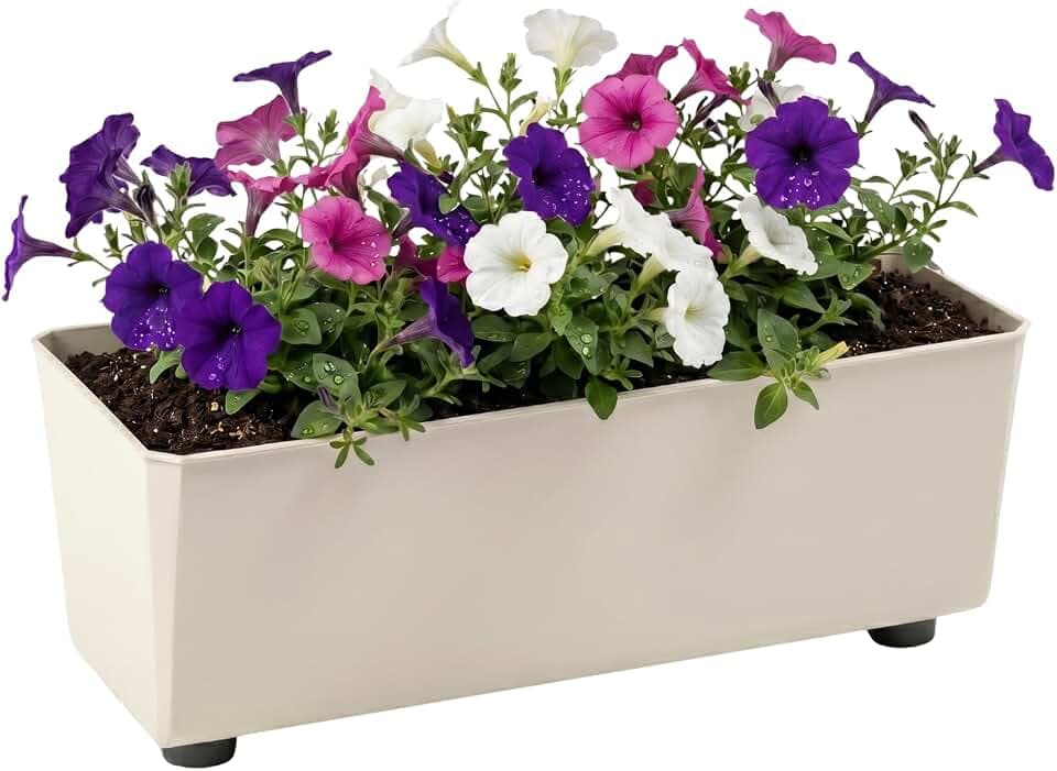 LAMELA Rechteckiger Pflanzkasten mit eleganten Füßen – Beigefarbener Blumenkübel aus robustem Kunststoff 37x17 cm, 6L – Wetterfest & Pflegeleicht - für Innen & Außen, Beige