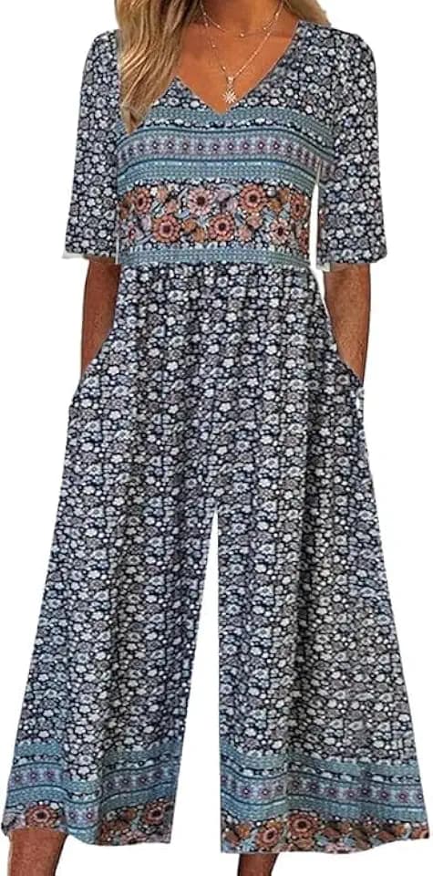 LOVESHOOT Womens Jumpsuit Dressy Summer Casual Boho Floral Short Sleeve Jumpsuit V Neck Wide Leg Flowy One Piece Bodysuit