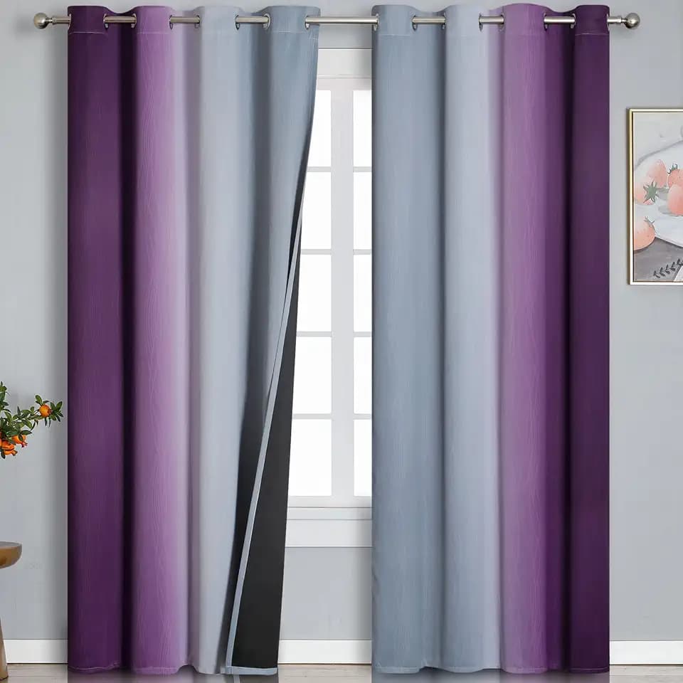 Purple and Grey Ombre Blackout Curtains for Bedroom 52Wx90L Inch 2 Panels