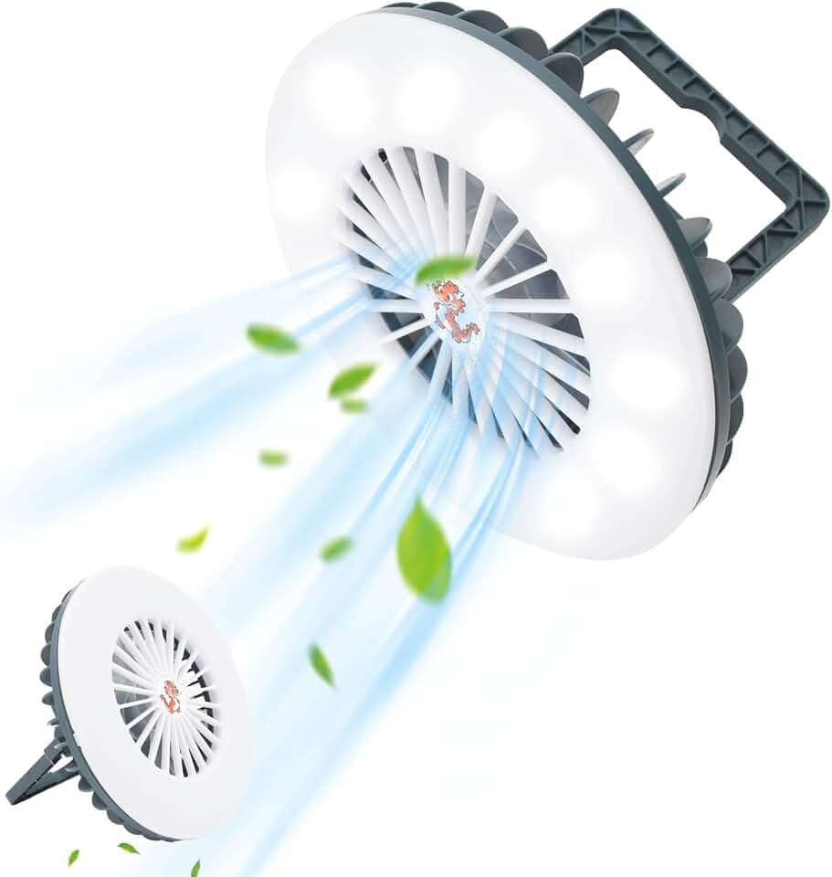 LED Campinglampe mit Ventilator USB Aufladbar, Zeltlampe Tragbar Campingleuchte con gancio e supporto, Notfallleuchte Camping Licht, Zeltventilator mit Aufhängehaken for Stromausfall, Angeln