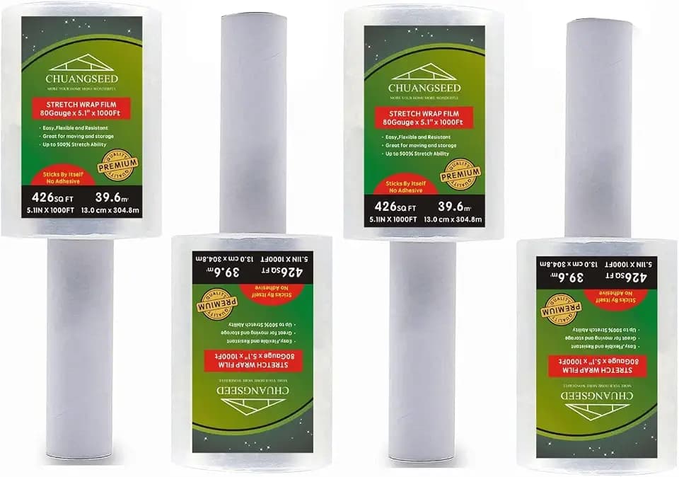 4-Pack Industrial Mini Clear Stretch Wrap Film 80 Gauge 5.1" 1000ft for Pallet Wrap, Durable Self-Adhering Packing, Moving, Packaging, Heavy Duty Shrink Film Chuangseed