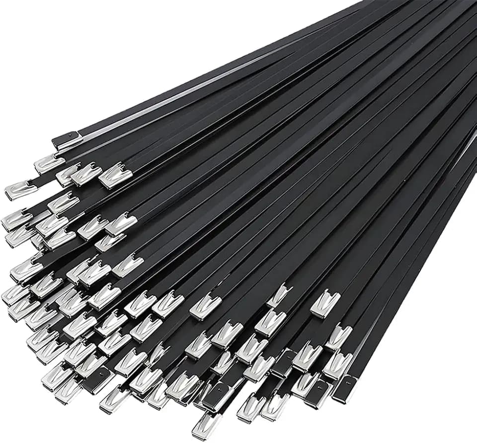 Metal Zip Ties 11.8 inch 100 pcs black 304 stainless steel heavy-duty self-locking cable tie,suitable for machinery, automobiles, farms, fences, exhaust,Outdoor equipment and multi-purpose outdoor use